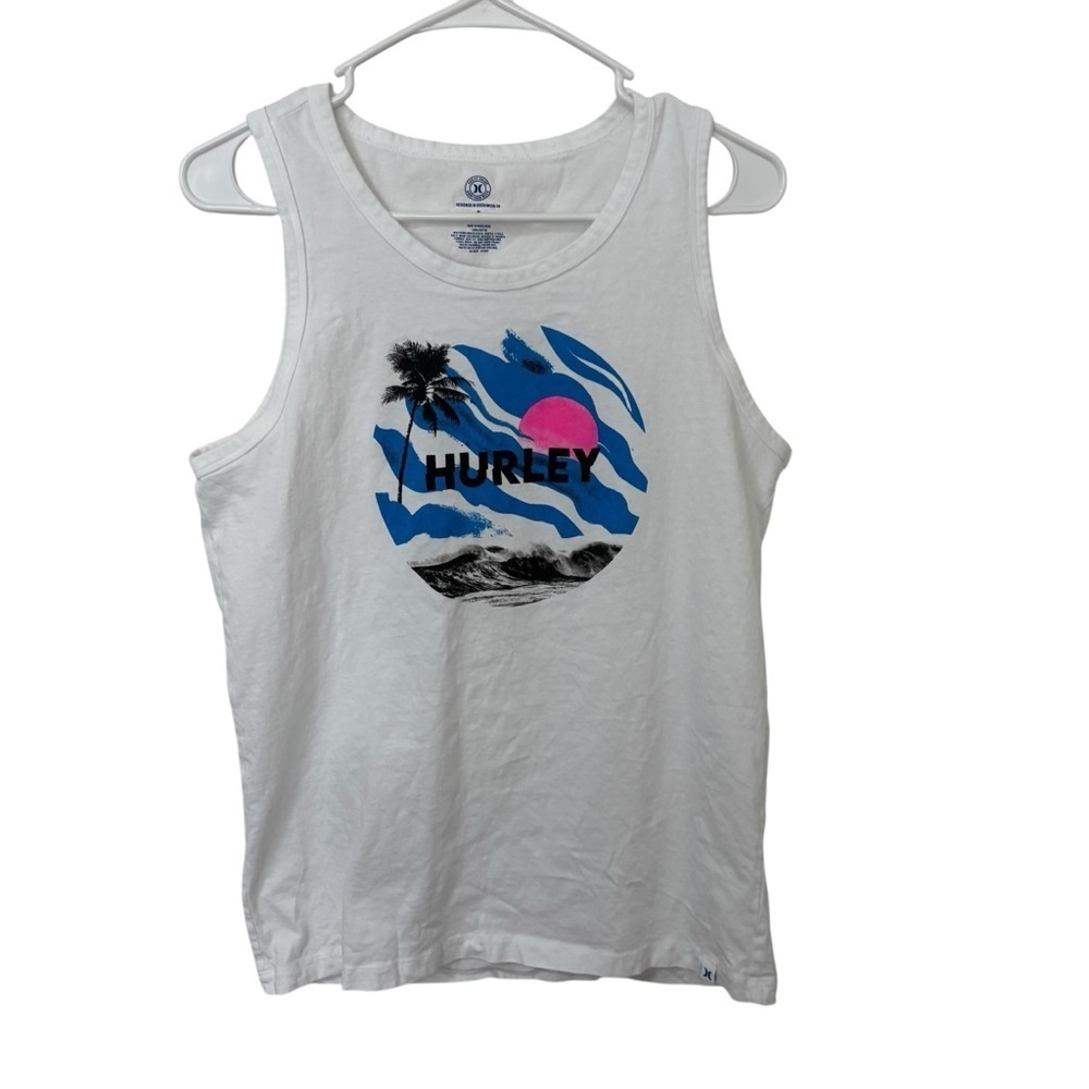 Hurley Men's White Graphic Tank Top - Blue & Pink Surf Design size Small